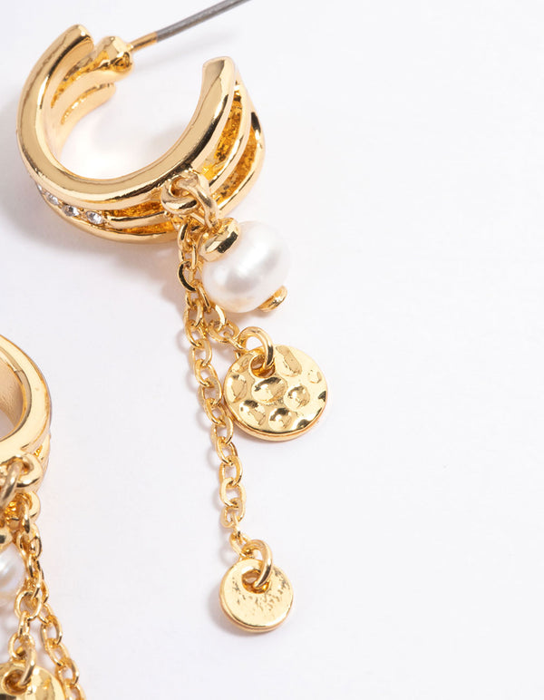 Gold Plated Hammered Disc & Freshwater Pearl Triple Hoop Earrings