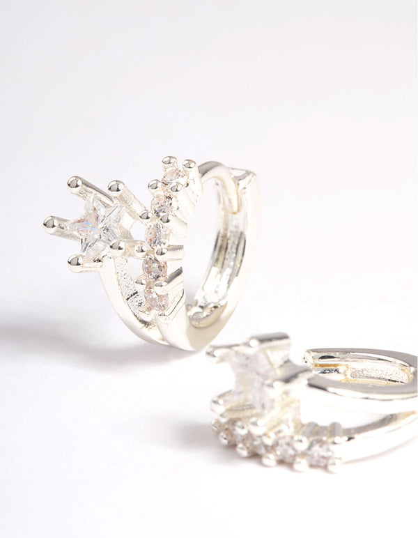 Silver Plated Cubic Zirconia Star Detail Double Huggie Earrings