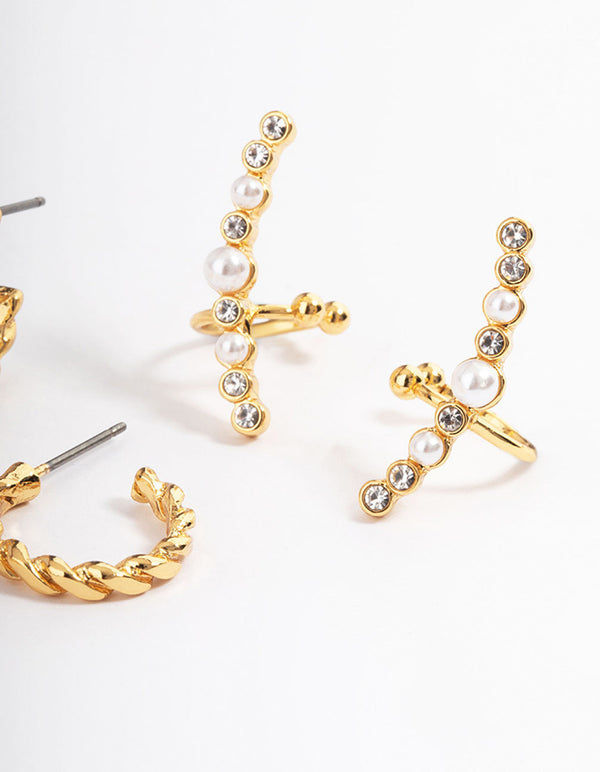 Gold Plated Pearl Diamante Cuff & Double Hoop Earring Pack
