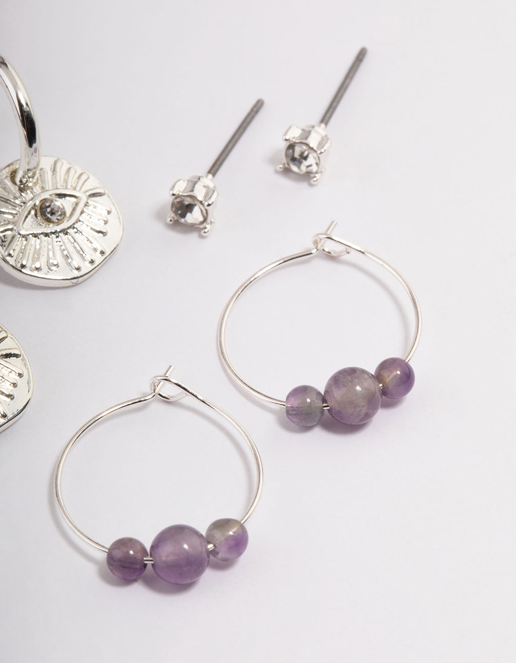 Silver Amethyst Evil Eye Diamante Earrings Stack