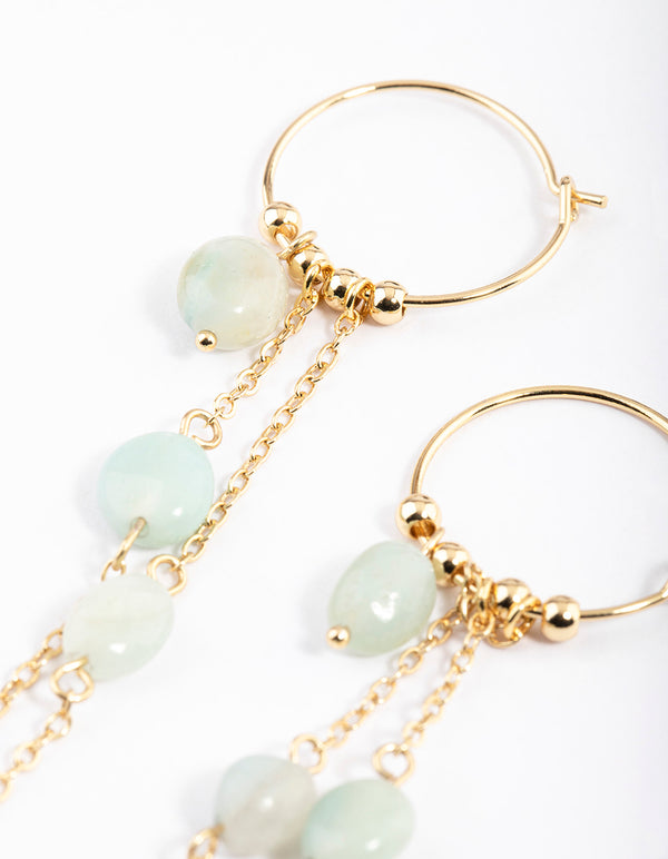Gold Plated Amazonite Droplet Chain Hoop Earrings