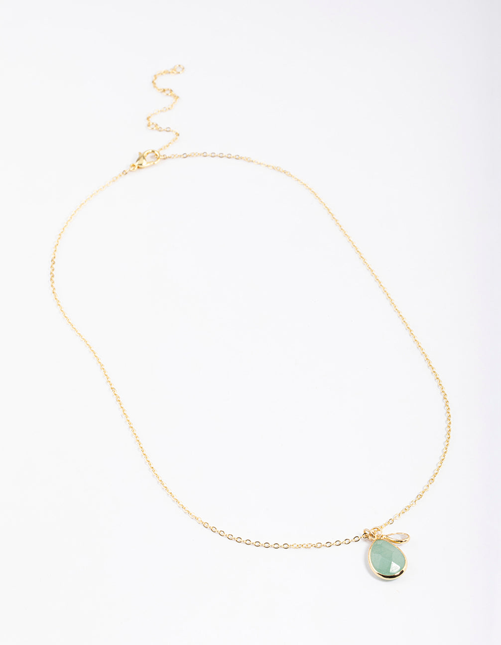 Gold Plated Green Adventurine Cubic Zirconia Droplet Pendant Necklace