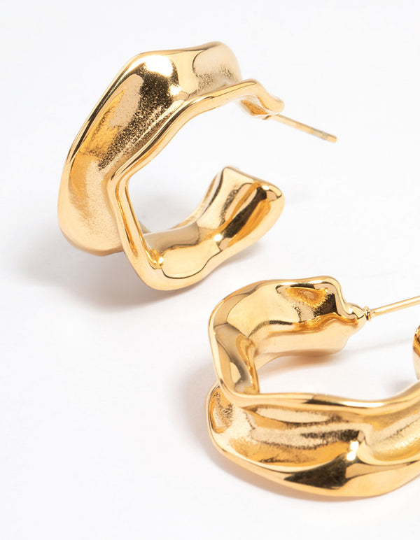 Waterproof Gold Plated  Stainless Steel Medium Molten Hoop Earrings