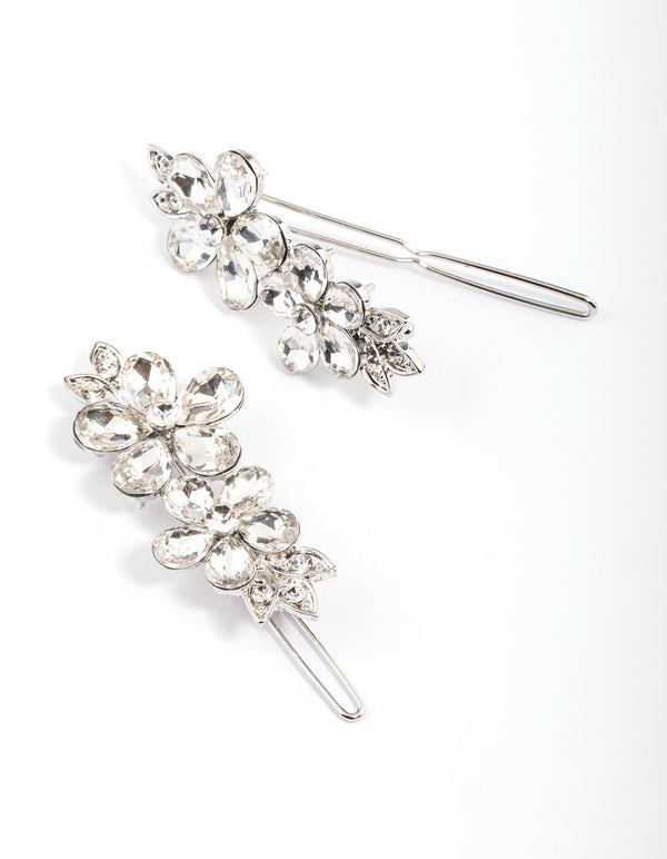 Silver Crystal Flower Hair Clips Pack