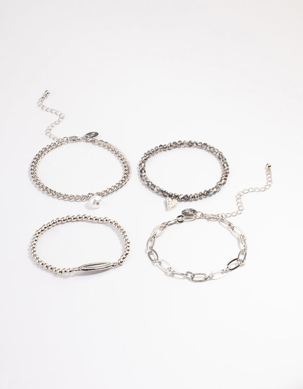 Silver Multirow Chain Facet Bead Bracelet Pack