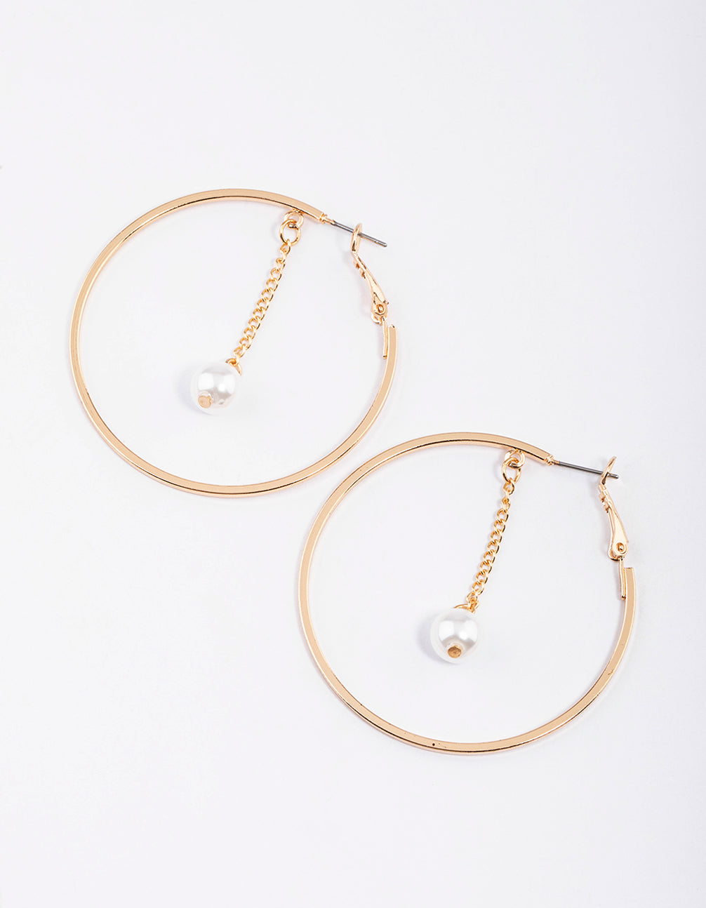 Gold Hanging Pearl Chain Hoop Earrings