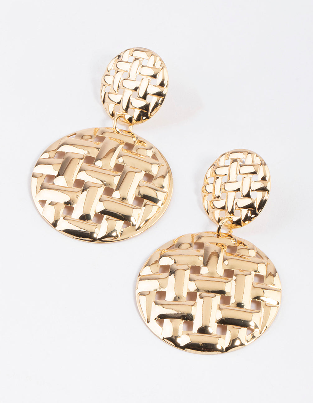 Gold Woven Double Disc Drop Earrings
