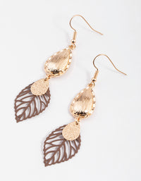 Gold Textured & Brown Leaf Drop Earrings - link has visual effect only