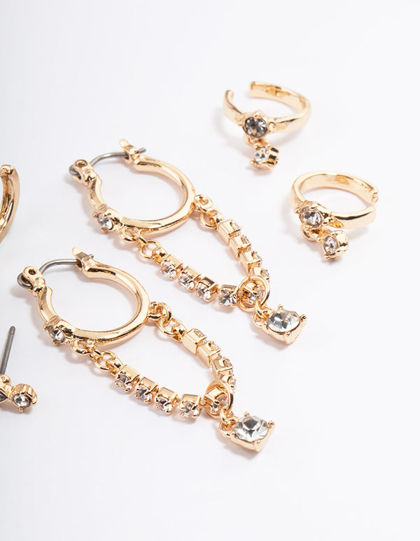 Gold Diamante Chain Drop Hoop Earrings 4-Pack
