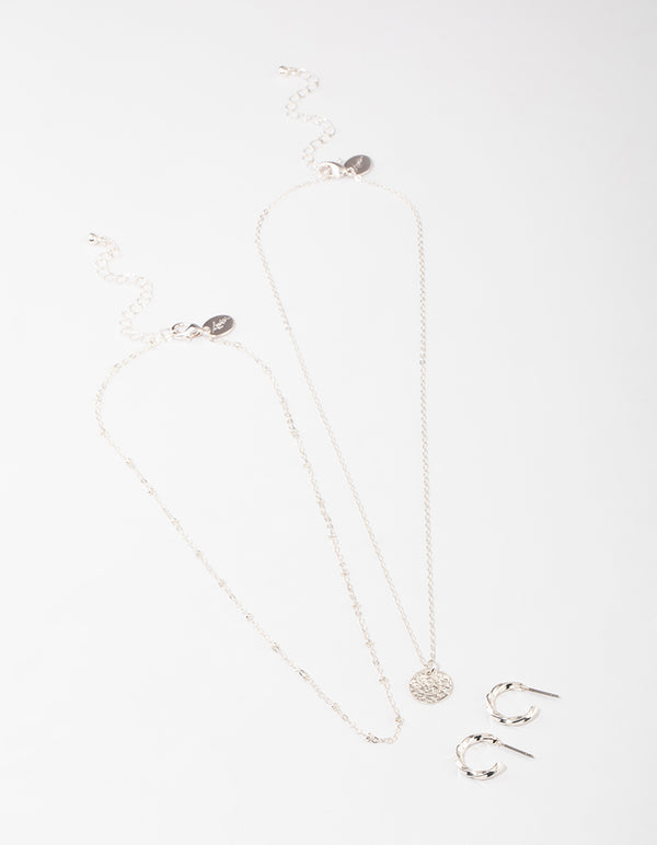 Silver Layered Textured Disc Necklace & Earrings Set