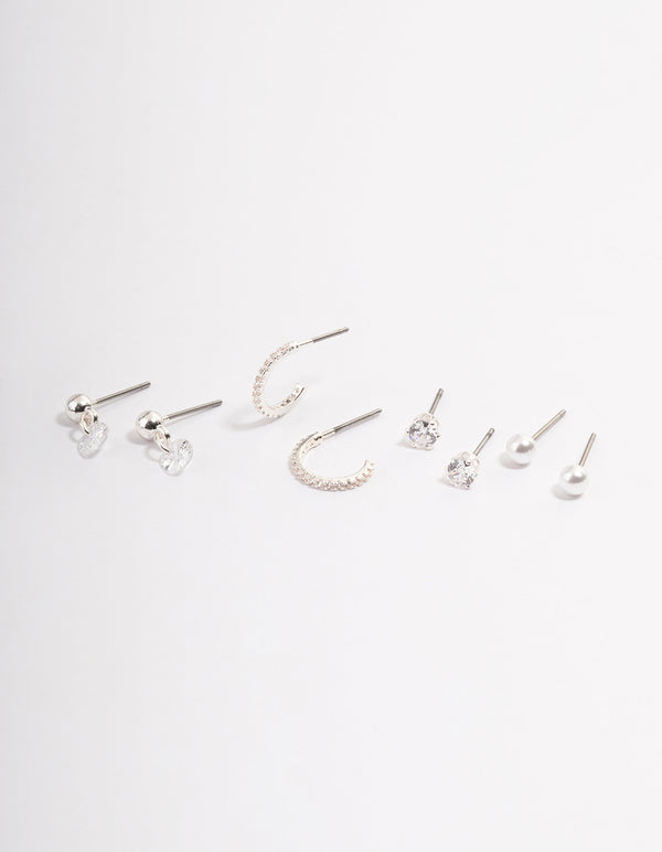 Silver Diamante Pearly Huggie Earrings Pack