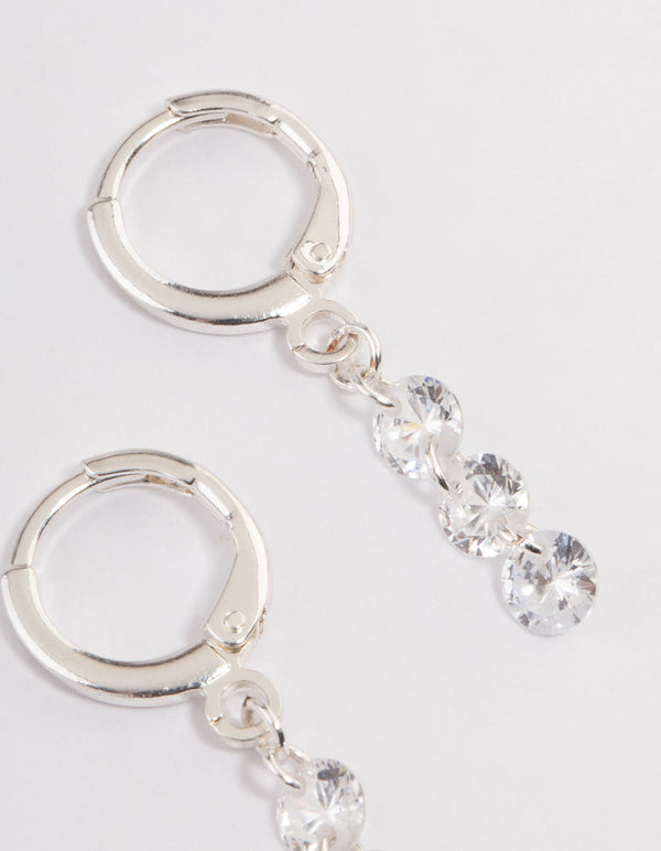 Silver Triple Floating Diamante Huggie Earrings