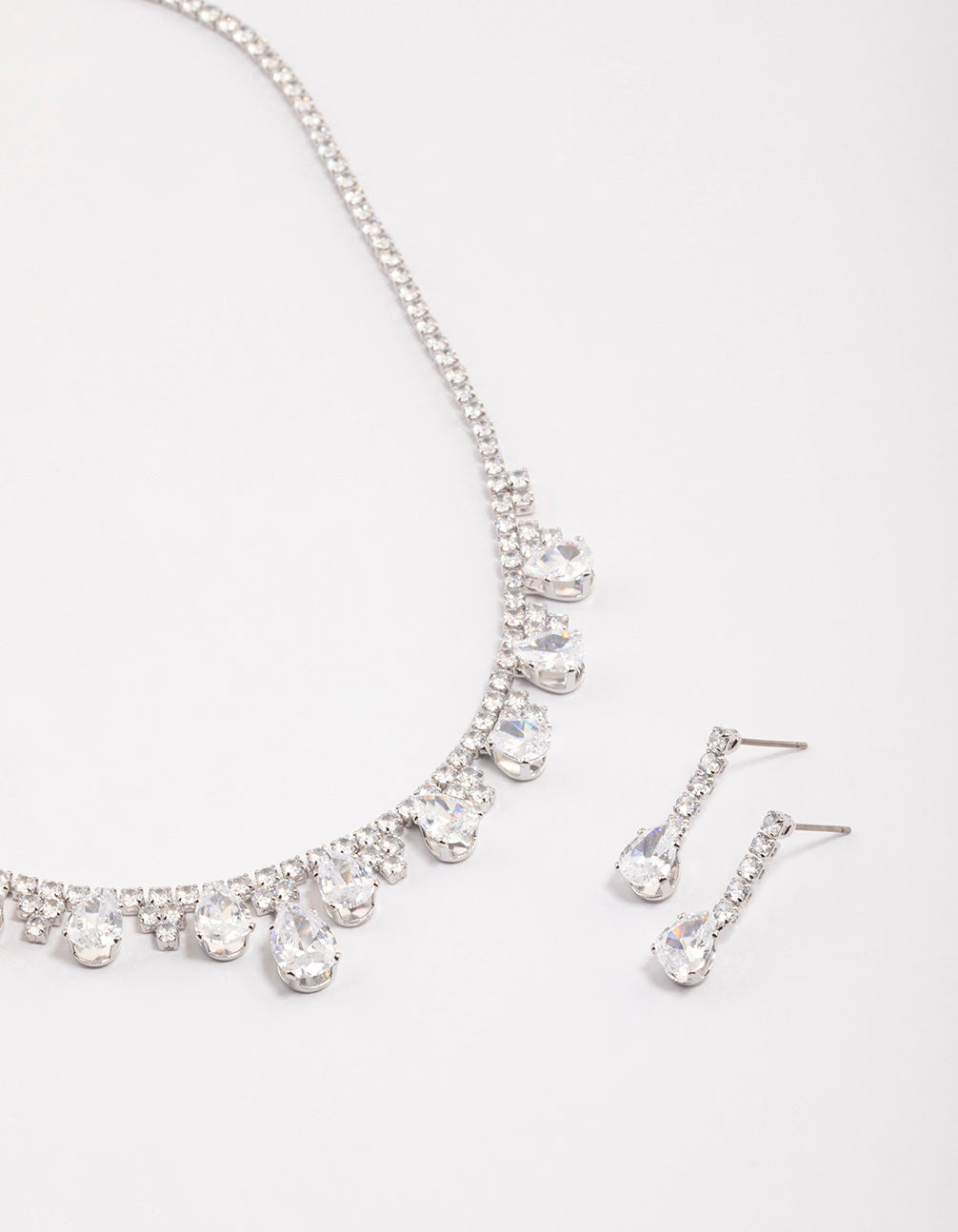 Silver Cubic Zirconia Cup Chain Teardrop Earrings & Necklace Set