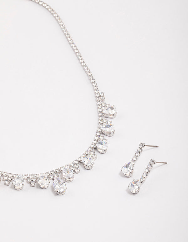 Silver Cubic Zirconia Cup Chain Teardrop Earrings & Necklace Set