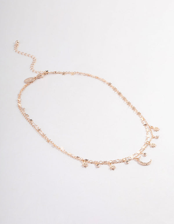 Rose Gold Double Row Star Coin Motif Necklace