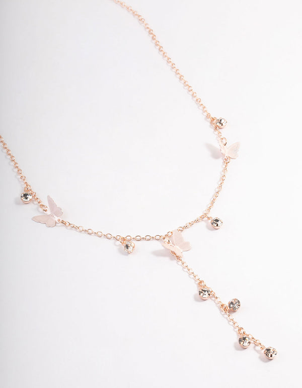 Rose Gold Mix Butterfly & Diamante Y-Necklace