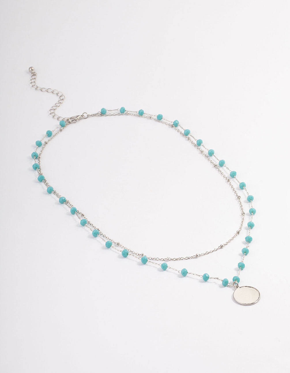 Silver Double Row Facet Bead Circle Disc Necklace