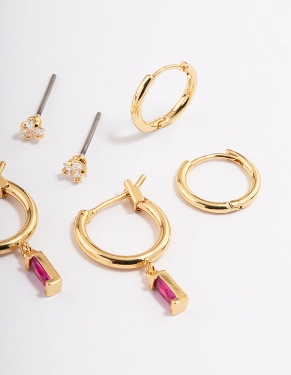 Gold Plated Brass Cubic Zirconia Fuschia Cut Hoop Earrings 6-Pack