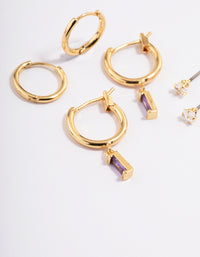 Gold Plated Brass Cubic Zirconia Amethyst Cut Huggie Earrings 6-Pack - link has visual effect only