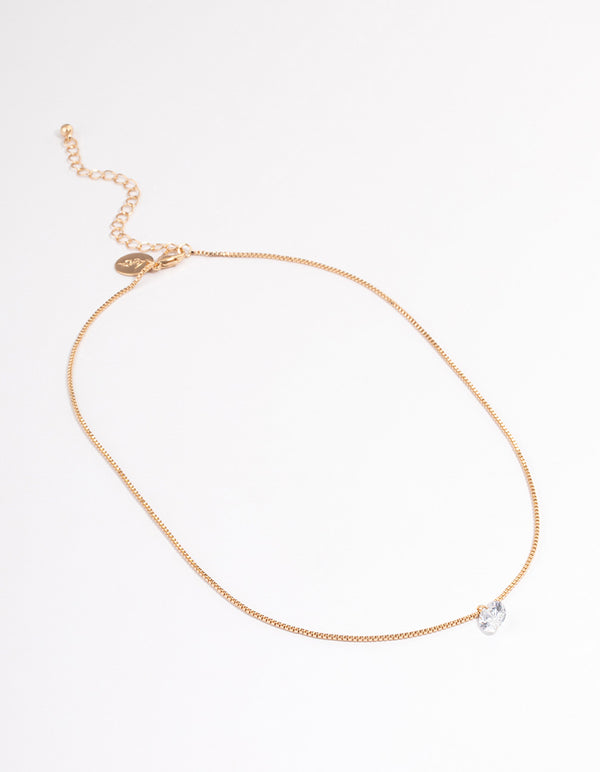 Gold Single Cubic Zirconia Box Chain Necklace