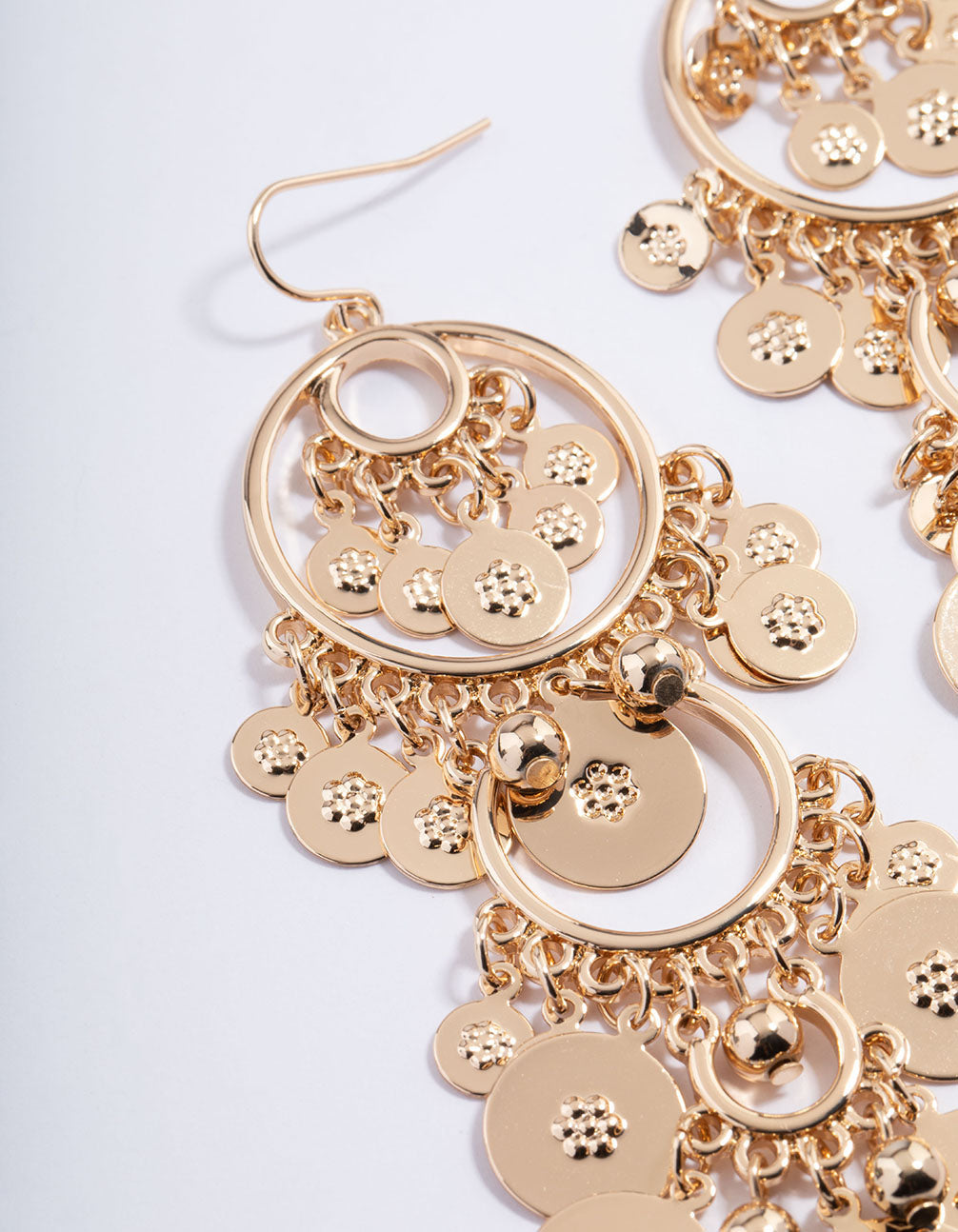 Gold Disc Round Tassel Drop Earrings