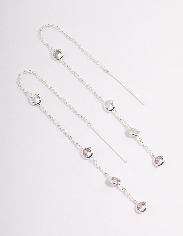 Silver Cubic Zirconia Circle Thread Through Earrings