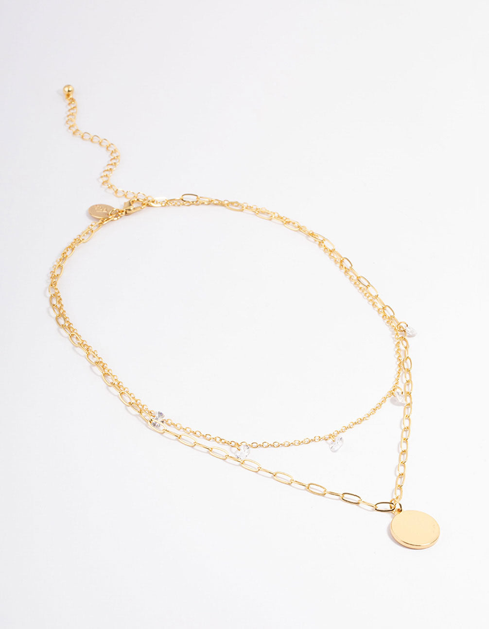 Gold Plated Disc Drop Chain Cubic Zirconia Double Layer Necklace