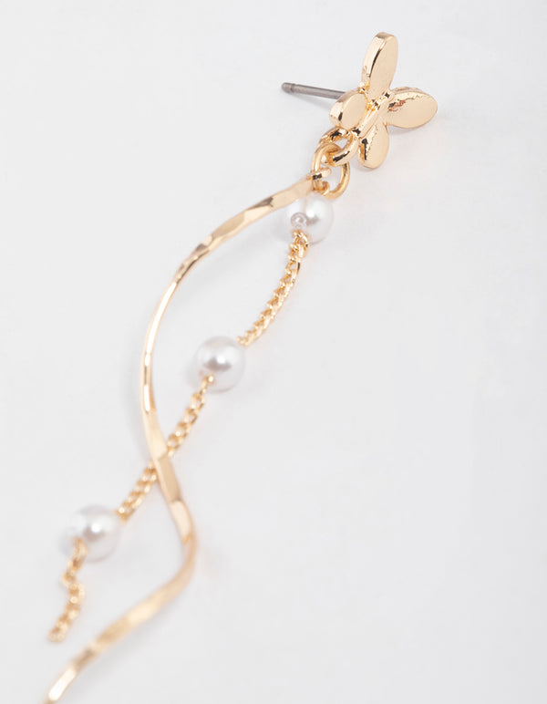 Gold Butterfly Pearl Twisted Drop Earrings