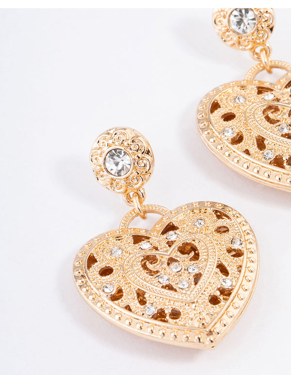 Gold Diamante Heart Filigree Drop Earrings