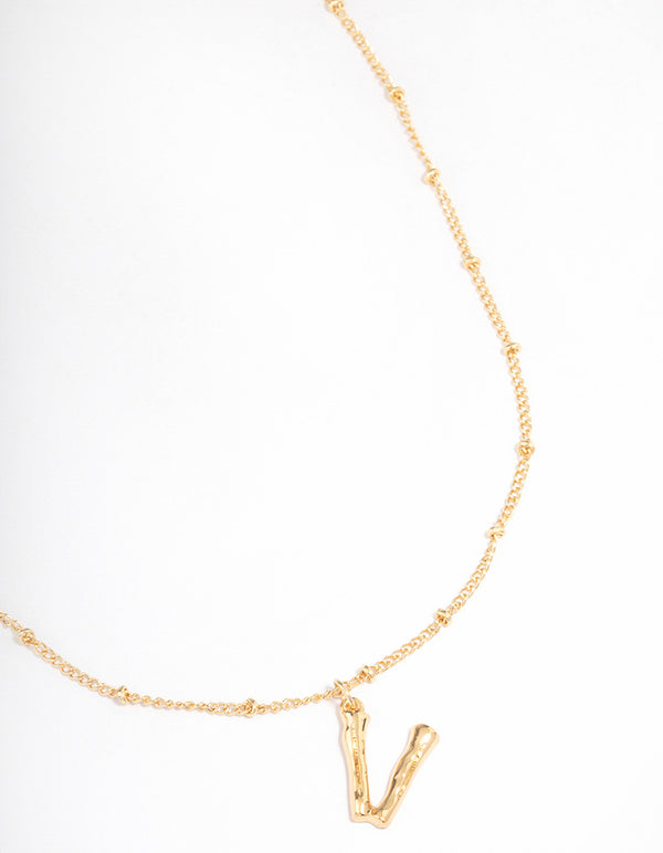 Letter 'V' Gold Plated Bamboo Initial Necklace