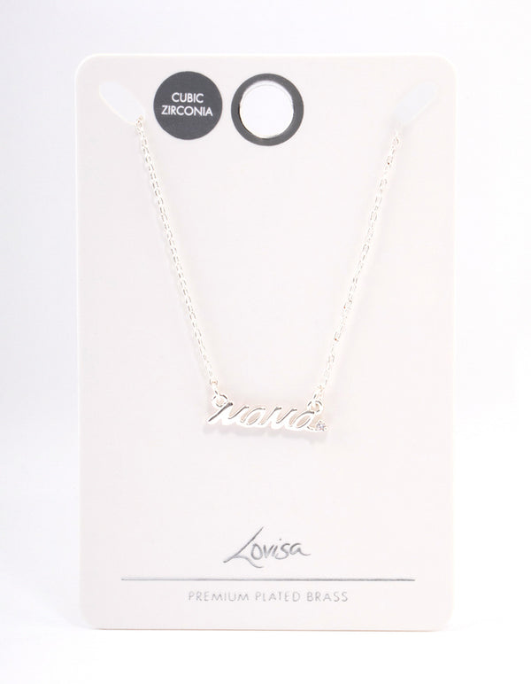 Silver Plated 'Mama' Script Disc Cubic Zirconia Necklace