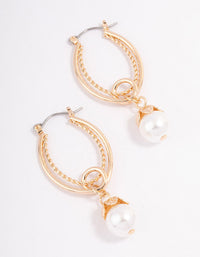 Gold Ornate Pearl Drop Hoop Earrings - link has visual effect only