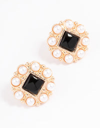 Gold Square Pearl Halo Stud Earrings - link has visual effect only