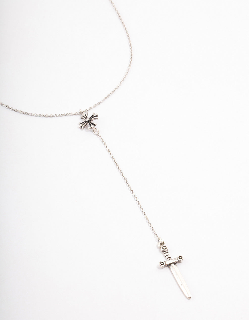 Burnish Silver Diamante Cross Sword Necklace