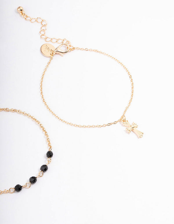 Gold Round Beaded & Cross Anklet Pack