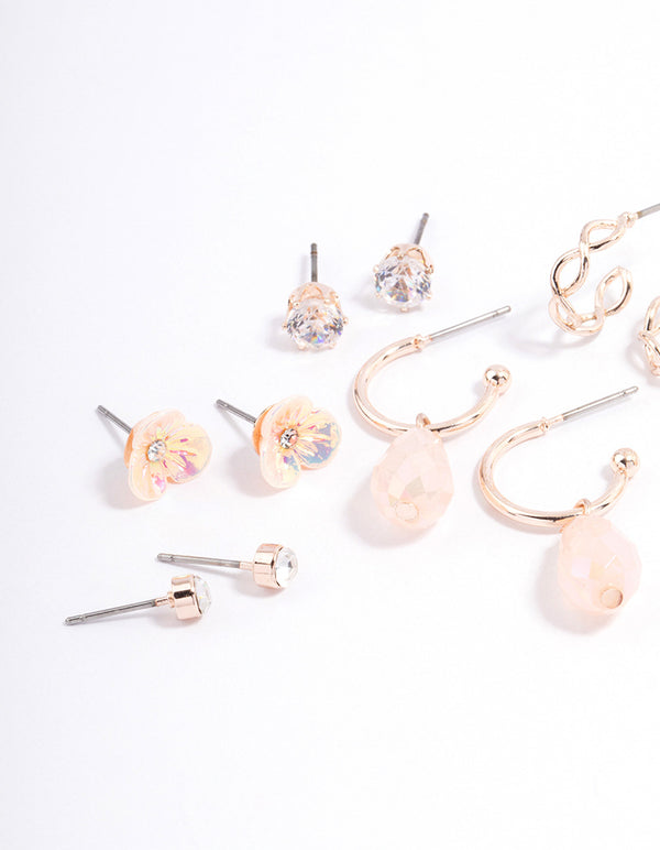 Rose Gold Flower & Facet Earrings 8-Pack