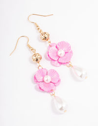 Pink Crinkle Flower & Pearl Drop Earrings - link has visual effect only