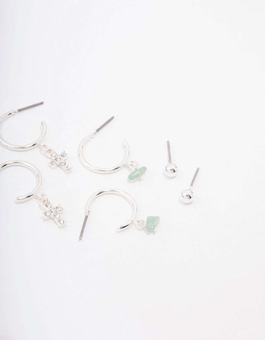 Silver Green Fluroite Diamante Cross Stacker Earrings