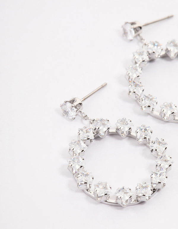 Silver Square Stone Wreath Drop Earrings