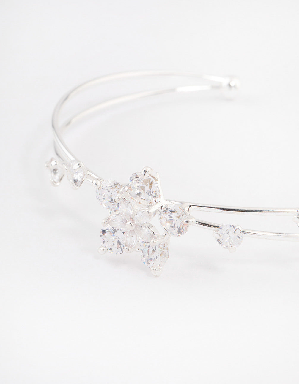 Silver Cubic Zirconia Flower Cross Over Cuff Bangle