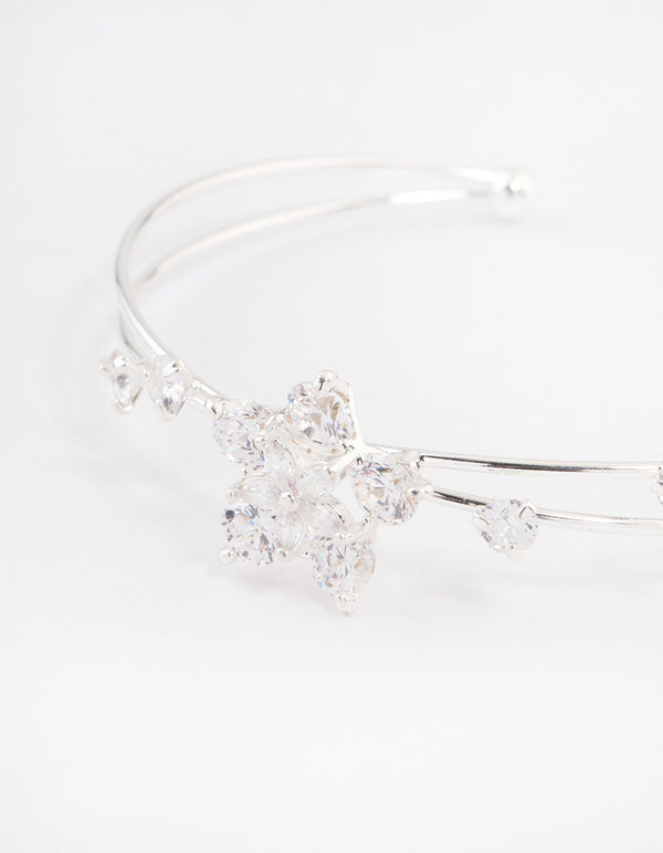 Silver Cubic Zirconia Flower Cross Over Cuff Bangle
