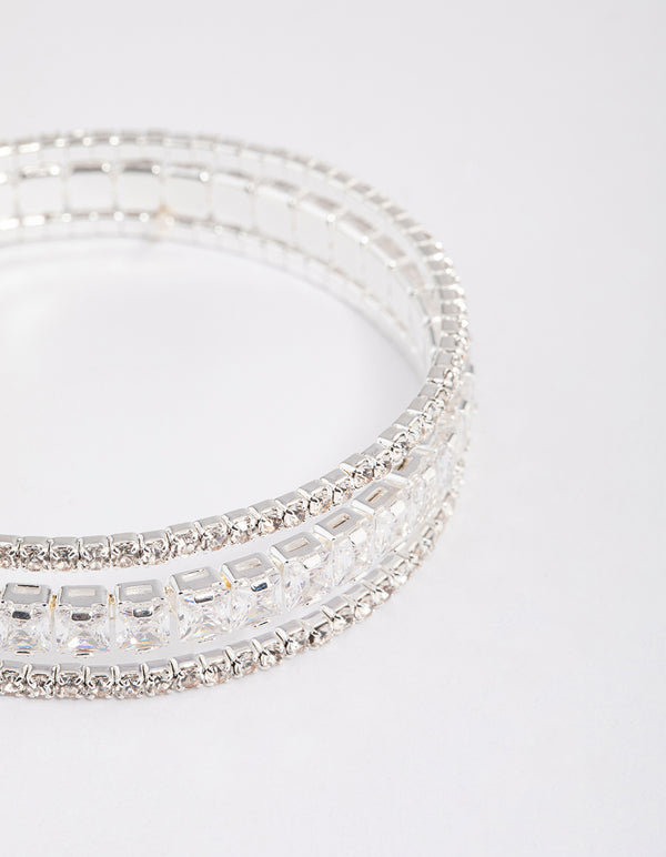 Silver Cubic Zirconia Trio Layer Cuff Bangle