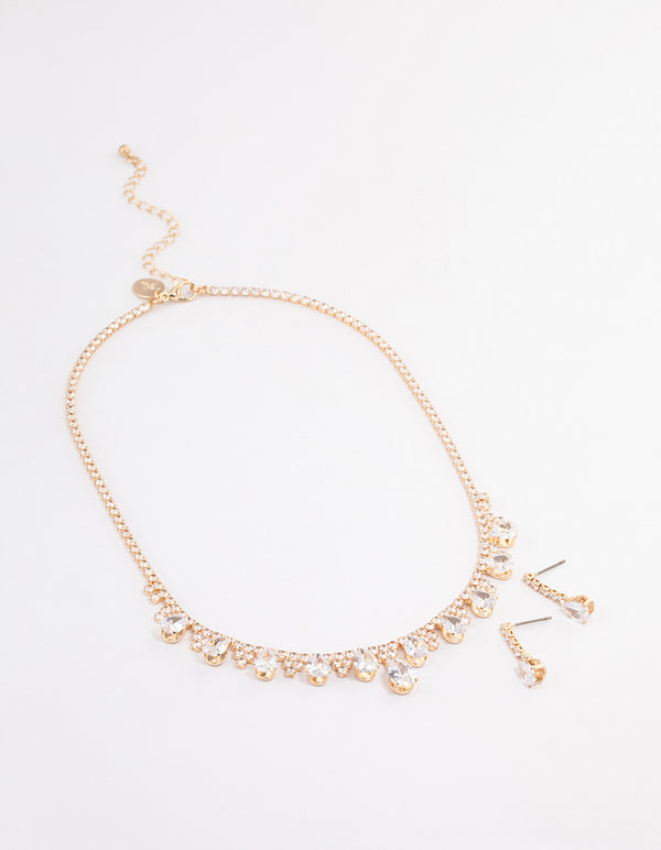 Gold Cubic Zirconia Cupchain Teardrop Jewellery Set