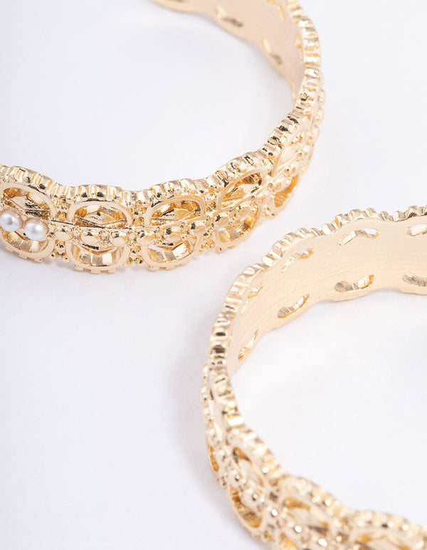 Gold Plated Large Ornate Pearl Hoop Earrings