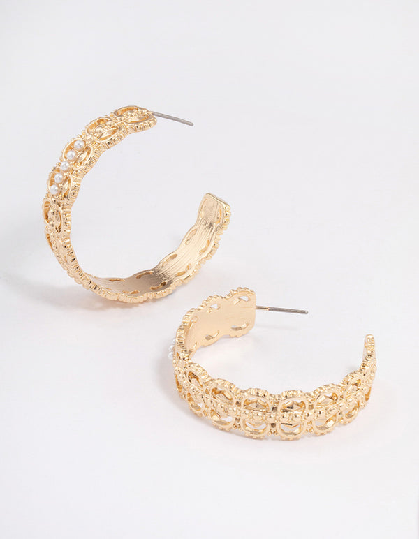 Gold Plated Large Ornate Pearl Hoop Earrings