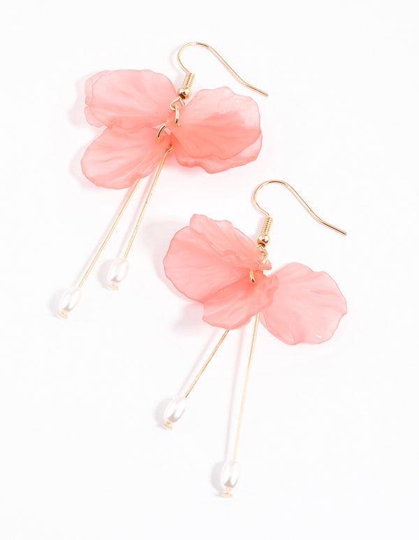 Pink Petal & Stick Pearl Drop Earrings