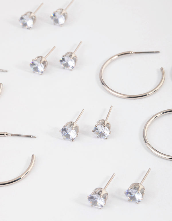 Silver Classic Diamante & Hoop Earrings 8-Pack