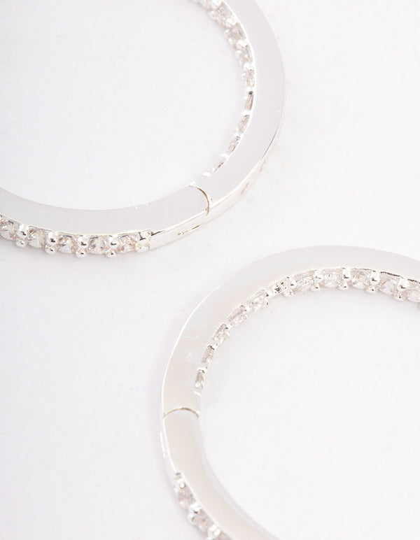 Silver Plated Brass  Cubic Zirconia Pave Huggie Hoop Earrings