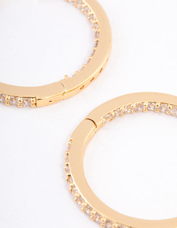 Gold Plated Brass Cubic Zirconia Pave Huggie Earrings