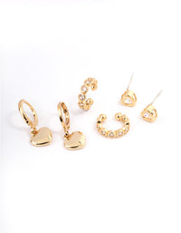 Gold Plated Brass Cubic Zirconia Heart Huggie & Cuff Earrings Pack - link has visual effect only